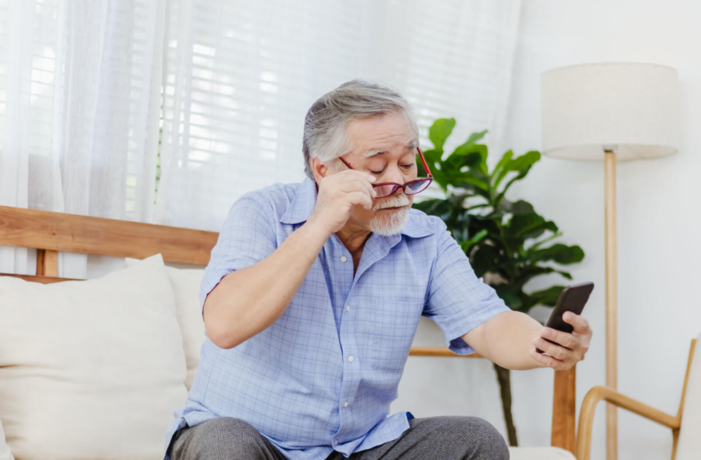 A senior man holding a smartphone and unable to read clearly due to farsightedness.