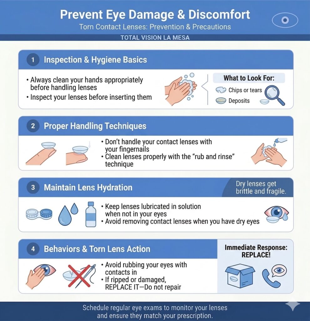 An infographic showing how to prevent eye damage and discomfort from torn contact lenses.