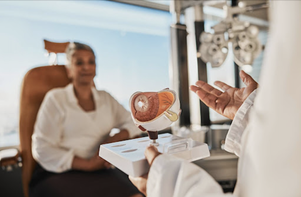 An optometrist explains how diabetes affects the eye using an anatomical model during their patient's eye exam.