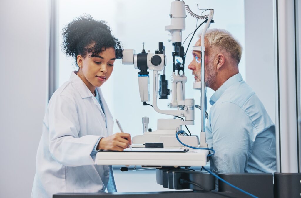 A patient at a comprehensive eye exam to monitor for vision changes.