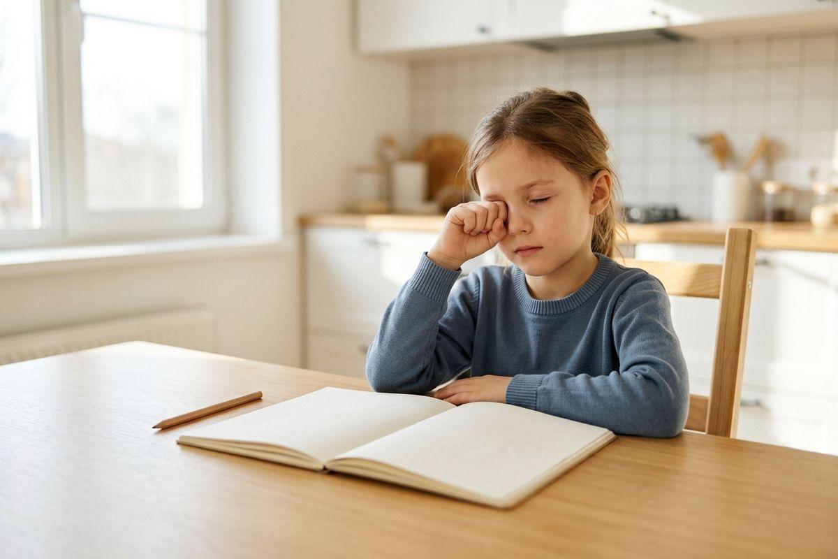 Child rubbing one eye while sitting at a kitchen table with an open blank notebook and pencil.