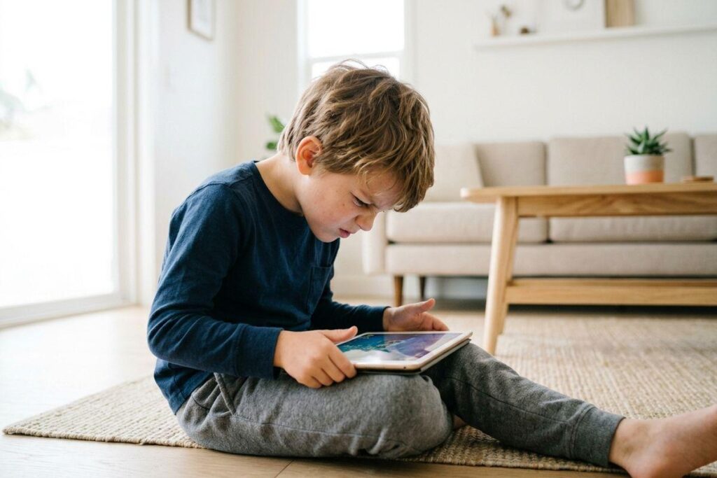 Child sitting on floor using a tablet, frowning, in a living room with a sofa and coffee table.