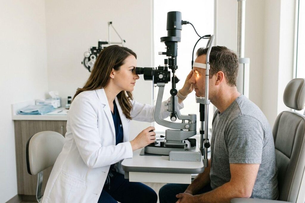 Optometrist examines a patient's eye using a slit lamp during an exam in an eye care office.