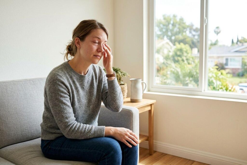 A person rubbing one eye, experiencing blurry vision due to allergies.