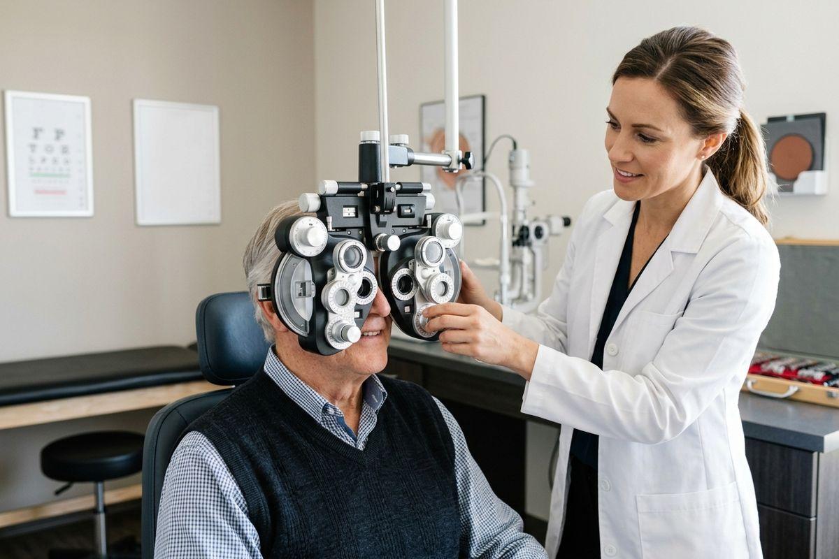 Optometrist adjusting a phoropter during an eye exam while an older adult looks through it, both smiling.