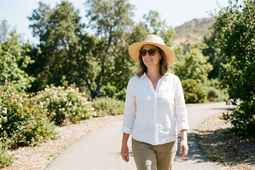 Person in sun hat and sunglasses smiling while walking along a paved path through greenery, with hills behind.